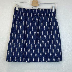 J Crew Linen Cotton Navy Blue White Print Elastic Waist Casual Skirt Size 0